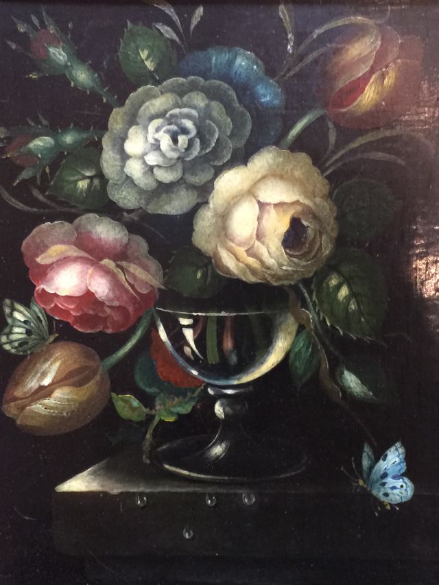 Dutch School, 19th century, still life of flowers in glass vase on stone ledge with butterfly, oil