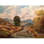 S. R. Knowles 1986, signed and dated, Shepherd with sheep in Highland landscape, oil on board,40cm x