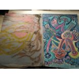 2 modern abstracts on paper, one inscribed Fallen Angel & Flowers and signed upper left (A Mentes?),