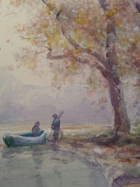 English School watercolour on  board, unframed, boat on a lake with figures in a treescape. 38 x - Image 4 of 9