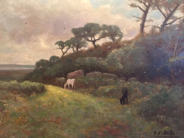 C. E. Stiffe, signed, early 20th century, horses grazing in field, oil on artists board, 47cm x