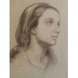 Two late 19thC pencil drawings with chalk highlights, one of a girl in profile on blue paper.