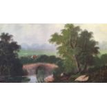 English School, 20th century century, river landscape with stone bridge, oil on board, 22cm x 43cm.