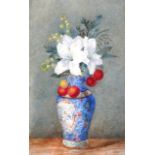 Unframed 19th Century still life watercolour of flowers (lilies?) in a blue vase.  It is signed