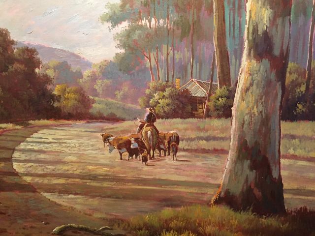 Australian School, signed, late 20th century, cattle rancher in landscape, oil on canvas, 60cm x - Image 2 of 5