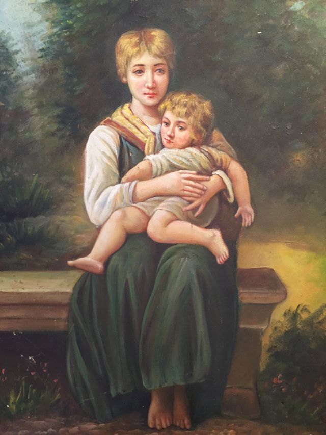 Continental School, late 20th century/ early 21st century, mother with child, oil on board