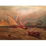 M. Holden (British 19th/20th century) signed, figures in boats with distant coastline, oil on