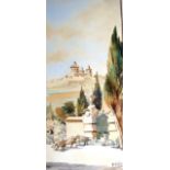 Joseph Galea:  A watercolour of a Malta landscape with goats and figure in the foreground before