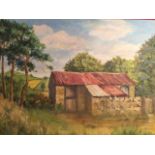 P. M. Slazenger, British 20th century, farm buildings in landscape, oil on board, 35cm x 46cm