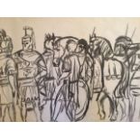 English School, 20th century, study of Roman soldiers with horses, charcoal on paper, Unframed. 54cm