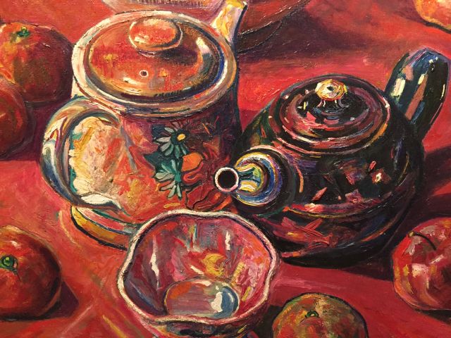 Michael Thompson, British 20th century, dated verso 'Jan 85', "Still life with 2 teapots and - Image 3 of 5