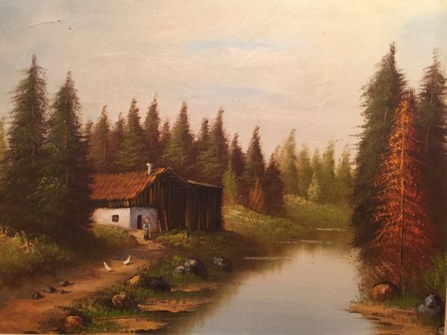 Continental School, 20th century, signed, figure in river landscape, oil on canvas, 40cm x 51cm.