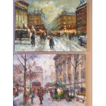 Continental School, late 20th century, pair Parisian street scenes: flower market and winter