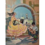 Gouache on card, Spanish flamenco scene mid 20thC 22 x 30 cm, unsigned, Condition: some lower corner