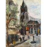 French School, 20th century, indistinctly signed, street scene with figures and church, oil on