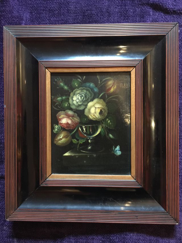 Dutch School, 19th century, still life of flowers in glass vase on stone ledge with butterfly, oil - Image 2 of 3