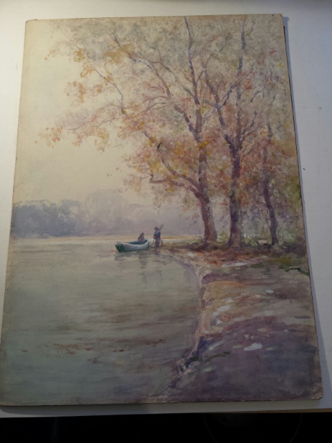 English School watercolour on  board, unframed, boat on a lake with figures in a treescape. 38 x - Image 2 of 9