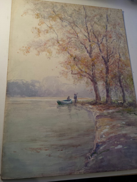 English School watercolour on  board, unframed, boat on a lake with figures in a treescape. 38 x - Image 7 of 9