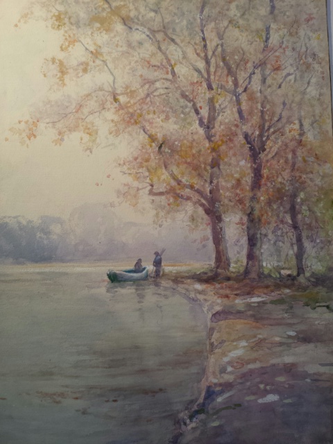 English School watercolour on  board, unframed, boat on a lake with figures in a treescape. 38 x