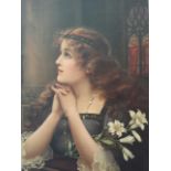 Old large lithograph "A Maiden's Prayer". Laid on card. Image 27.5 x 40.5 cm exc title/margins