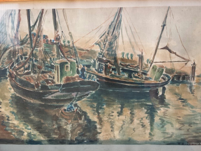 1942 M Bruker watercolour of fishing boats and harbour signed and dated lower right