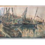 1942 M Bruker watercolour of fishing boats and harbour signed and dated lower right