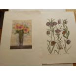 Two prints: botanical print of fritillaries, & aquatint etching 37/75 "Flores" signed indistinctly