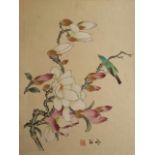 Oriental School, watercolour and gouache oriental bird in branch, inscribed. Image 30 x 45 cm.