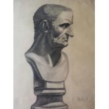 Belgian school, very large mid 20thC study on heavy paper of a classical stone bust of a man. Signed