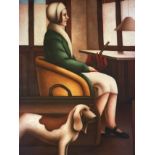 Contemporary (21stC) Continental school, oil on unstretched canvas 62 x 92 cm, seated lady with dog