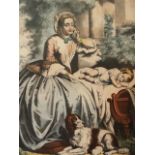 19thC coloured engraving "The First Cares" (caress?) woman with her baby and a dog and its puppy