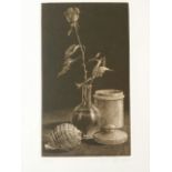 Etching, blindstamp, platemarks. Still life of a rose in a vase, shell, etc. 15/50 signed