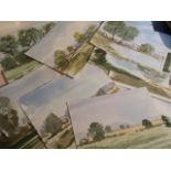 English School. 20thC. 11 green impressionist style watercolour landscapes in pastoral tones