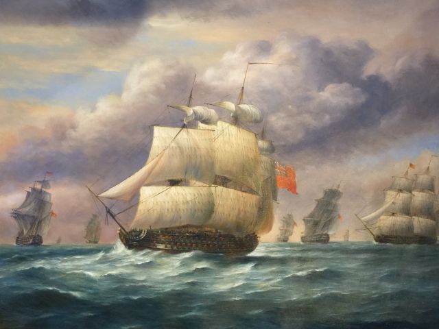 Contemporary (21stC) Continental school, oil on unstretched canvas 62 x 92 cm, naval frigates at sea