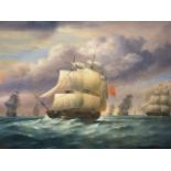 Contemporary (21stC) Continental school, oil on unstretched canvas 62 x 92 cm, naval frigates at sea
