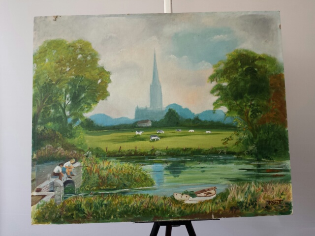 English school 20thC oil on board of two boys fishing in a rural backdrop. 55.5 x 45 cm Signed - Image 2 of 12