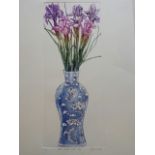 Sally Winter aquatint etching Blue Vase with Iris, artist's proof. Platemarks, signed.