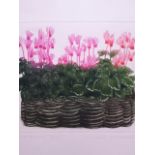 Valerie Christmas aquatint etching numbered 76/80, signed. Basket of Cyclamen. Platemarks