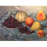 Kovacs Geza, signed and dated 1964, still life cherries, melon & apples, oil on canvas, 40cm x 49cm