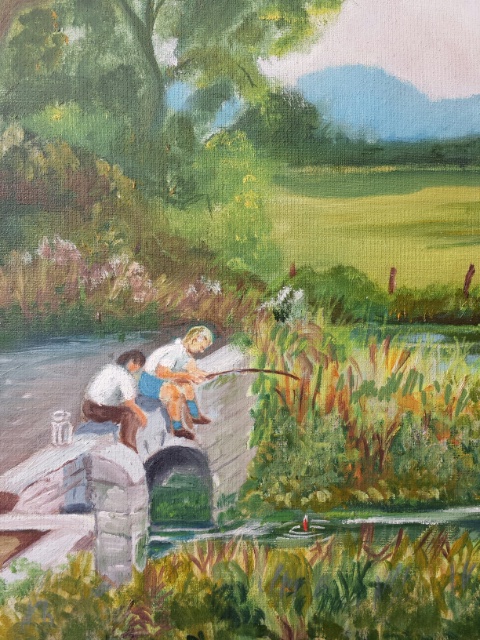 English school 20thC oil on board of two boys fishing in a rural backdrop. 55.5 x 45 cm Signed - Image 6 of 12