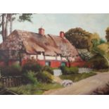 English school 20thC oil on board, thatched cottage scene with grazing sheep. Signed