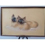 Pollyanna Pickering (Derbyshire) signed, dated '76 pastel of two siamese cats, plus Beagle print