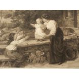 Old large Fred Morgan lithograph "Babs" depicting a woman,baby, and girl. Image 48 x 32 cm