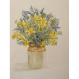 English school 20thC watercolour spring flowers, stoneware jar signed 33 x 42 cm, sheet 39 x 55.5 cm