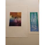 Two aquatint etchings, on numbered 44/100 signed, plus abstract 34/250 signed. Platemarks
