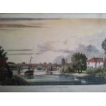 19thC coloured engraving of Staines Bridge over River Thames London 47 x 29 cm.