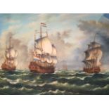 Contemporary (21stC) Continental school, oil on unstretched canvas 62 x 92 cm,  Napoleonic ships .