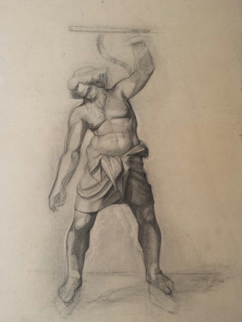 Belgian school mid 20thC fine art drawing of a warrior figure. Pencil/charcoal. Sheet 55 x 65 cm
