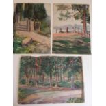 English School. Three early-mid 20thC watercolour/gouache treescapes,  av size 35 x 25 cm.