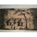 20thC watercolour on paper possibly a Nigerian village scene. Signed Adeshokan